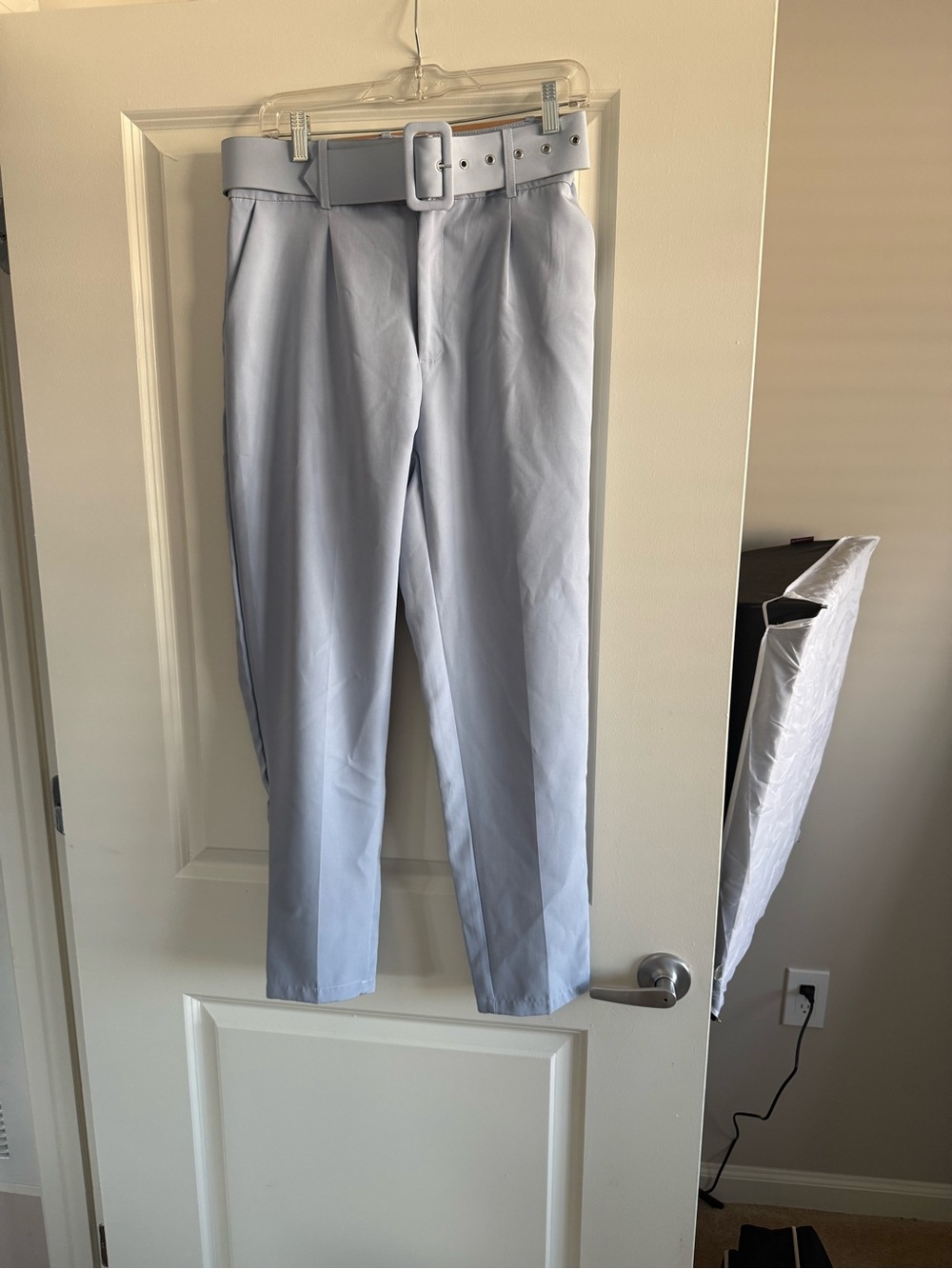High-Rise Light Blue Pleated Women’s Petite Pants with Belt